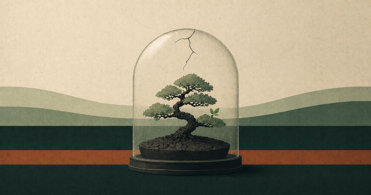 Bonsai tree under a glass cloche with a hairline fracture, illustrating founder burnout as containment, not drought.