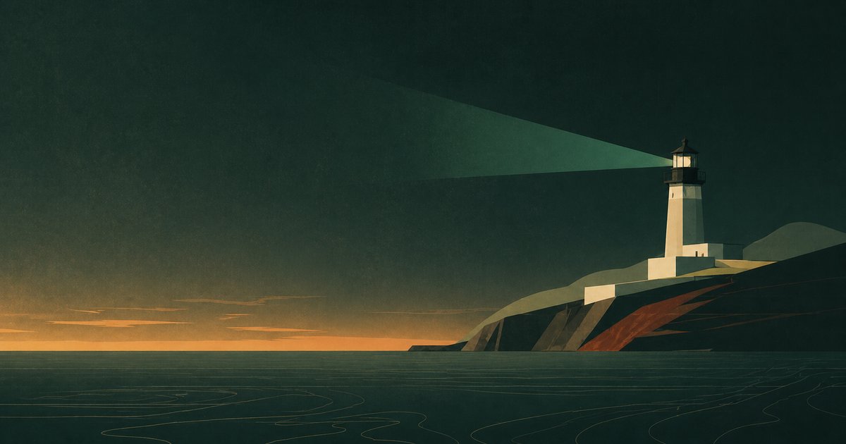 Lighthouse beam cutting through deep green dusk over calm water, illustrating clarity from a fixed point.
