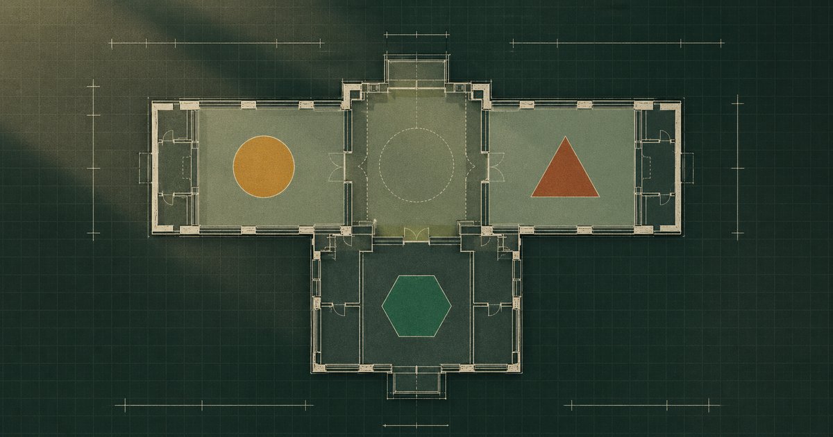 Architectural blueprint of a modular building in deep green and emerald, representing the Fractional CMO as system architect.