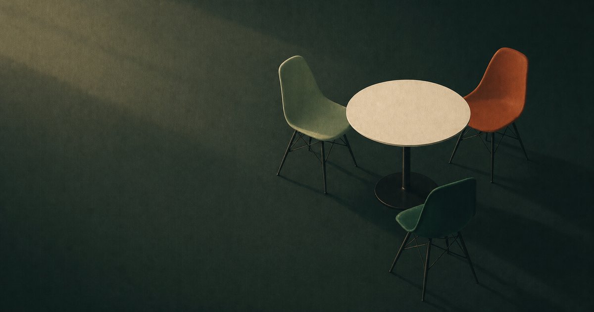 Three Eames-style chairs around a small round table, one chair pulled back at a different angle, illustrating hiring decisions.