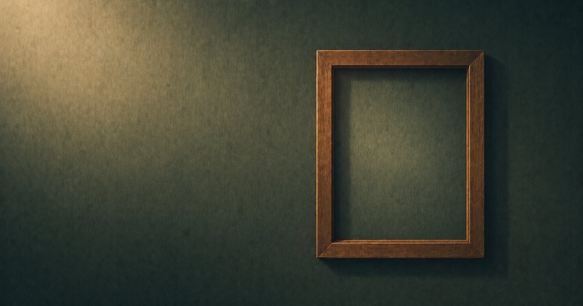 Empty wooden picture frame on a deep green wall, illustrating the open marketing leadership chair on the org chart.