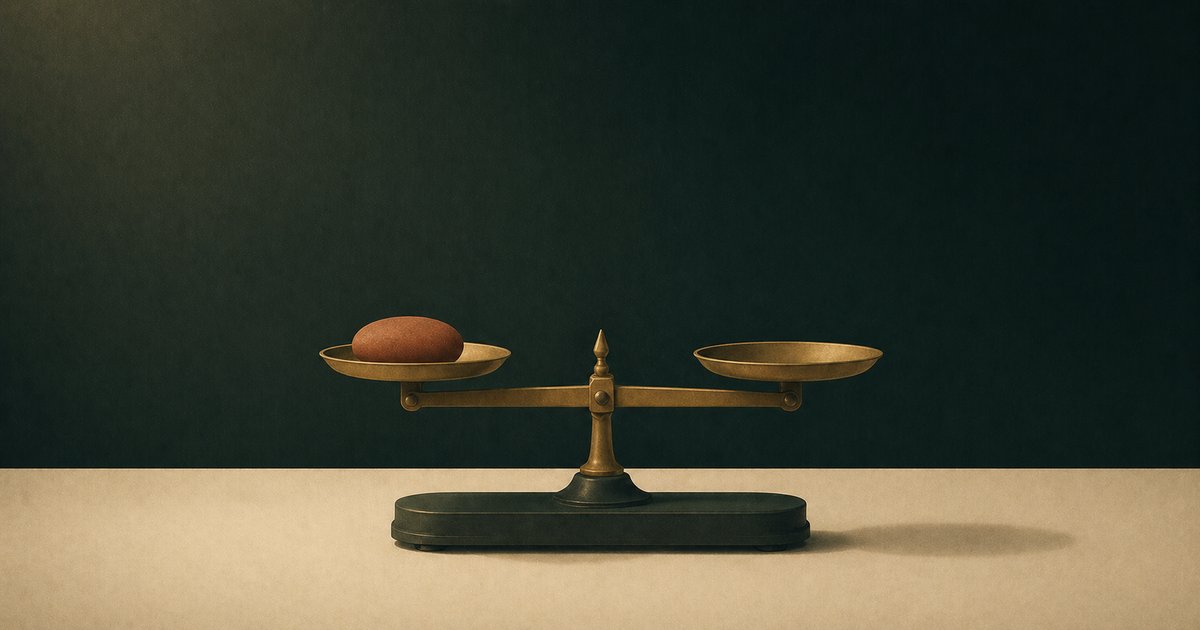 Brass apothecary balance scale with a single river stone on one pan, illustrating coaching pricing and ROI tradeoffs.