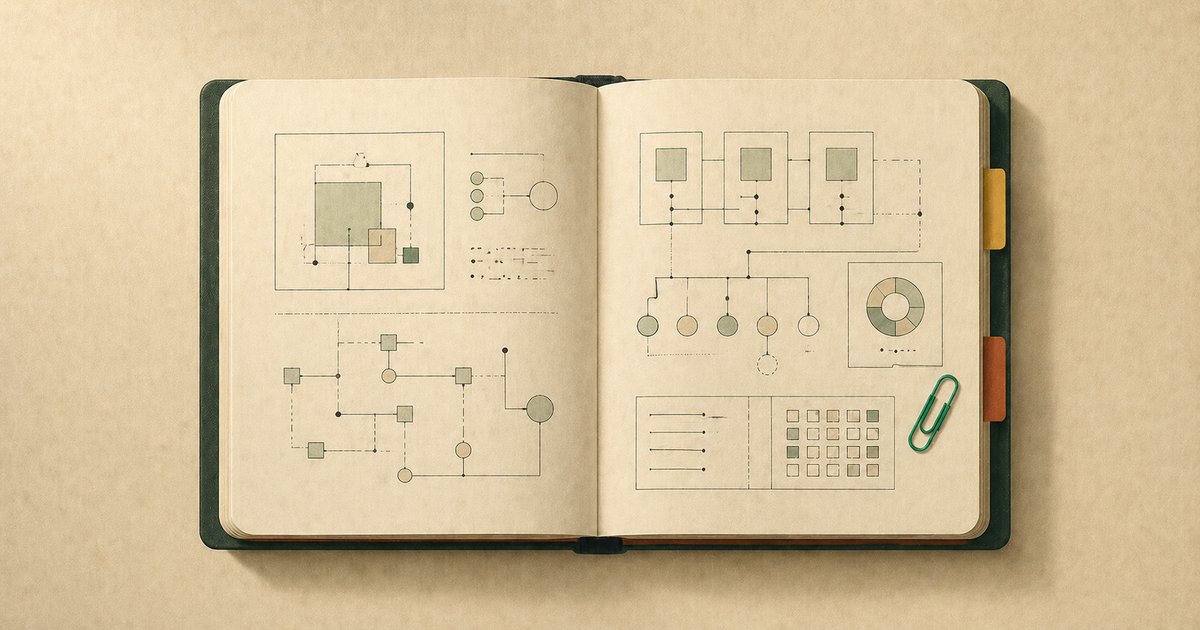 Open notebook with architectural-style operational diagrams and an emerald paperclip, illustrating the scaling operations playbook.